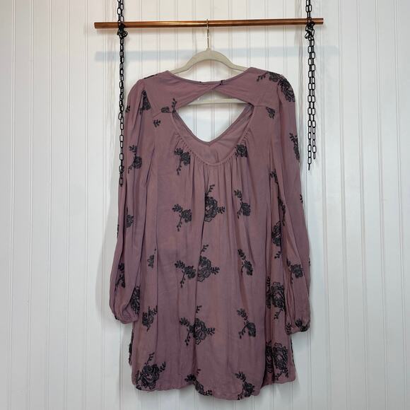 Free People Embroidered Austin Mini Dress Long Sleeve Floral Boho Lavender XS - Picture 3 of 8